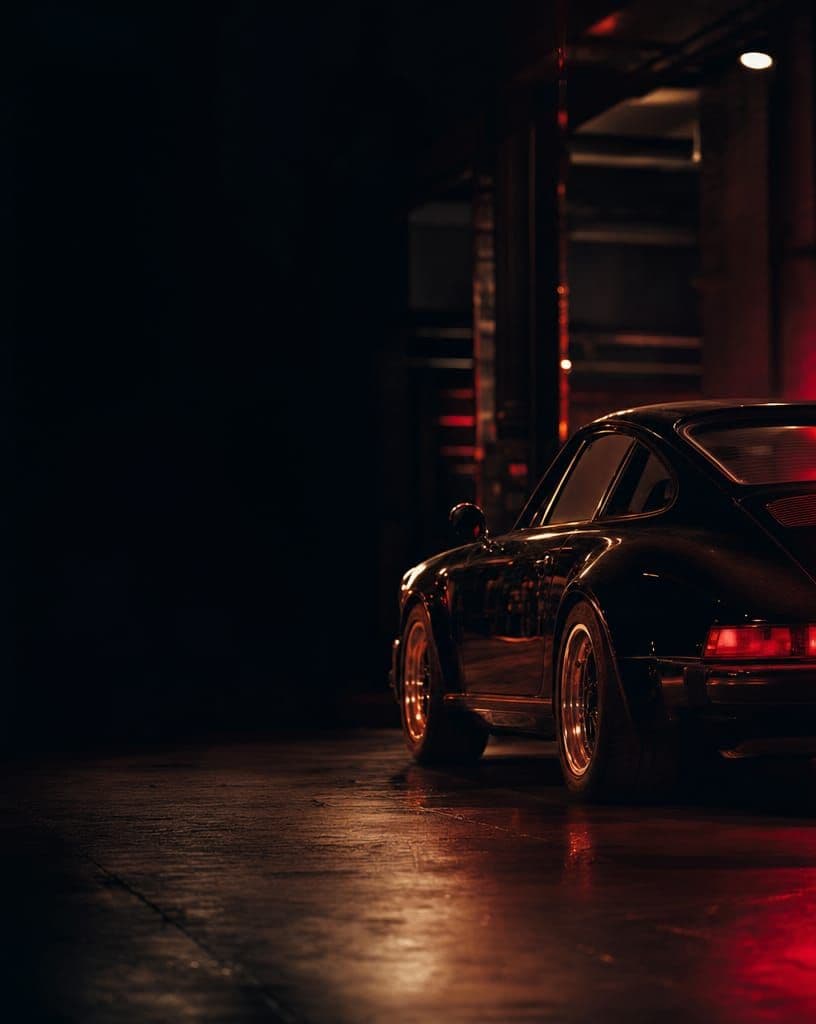 Escena del taller ClassicCarsSaar con mock-up de la web
