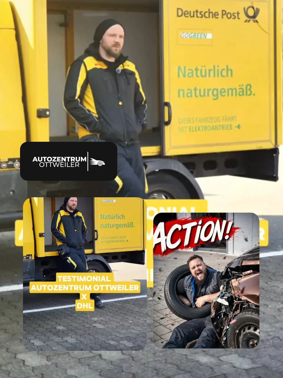 Gráfica del proyecto de Autozentrum Ottweiler con el logotipo original y contenidos sociales del día a día del taller
