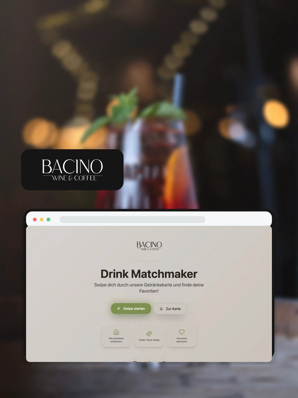 Gráfica del proyecto de Bacino Wine & Coffee con el logotipo original y una vista de la carta digital