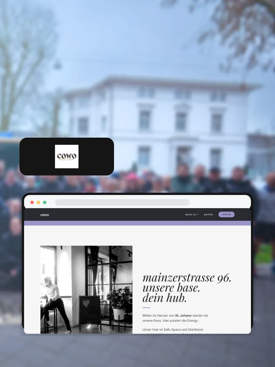 Reference artwork for COWO Run Club Saarbrücken featuring the original logo and a website view