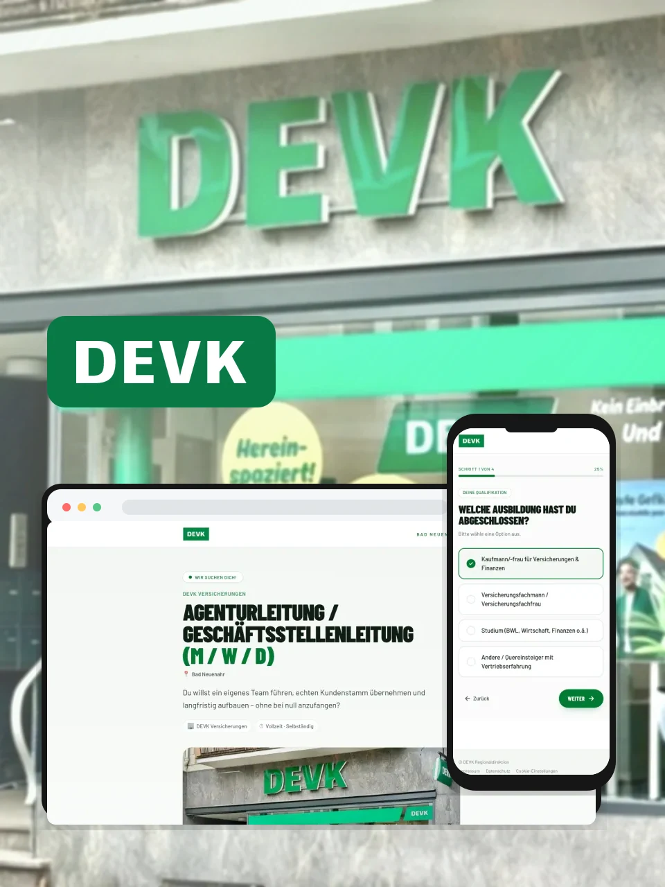 Gráfica del proyecto de DEVK Versicherungen con la página real de entrada al embudo y un paso móvil de cualificación