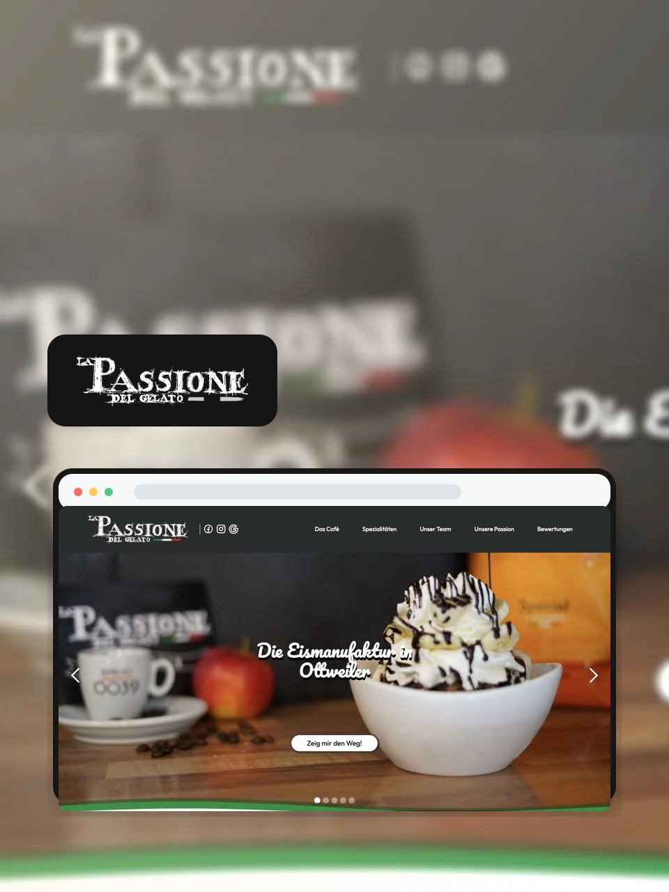 Gráfica del proyecto de La Passione del Gelato con el logotipo original y una vista de la web