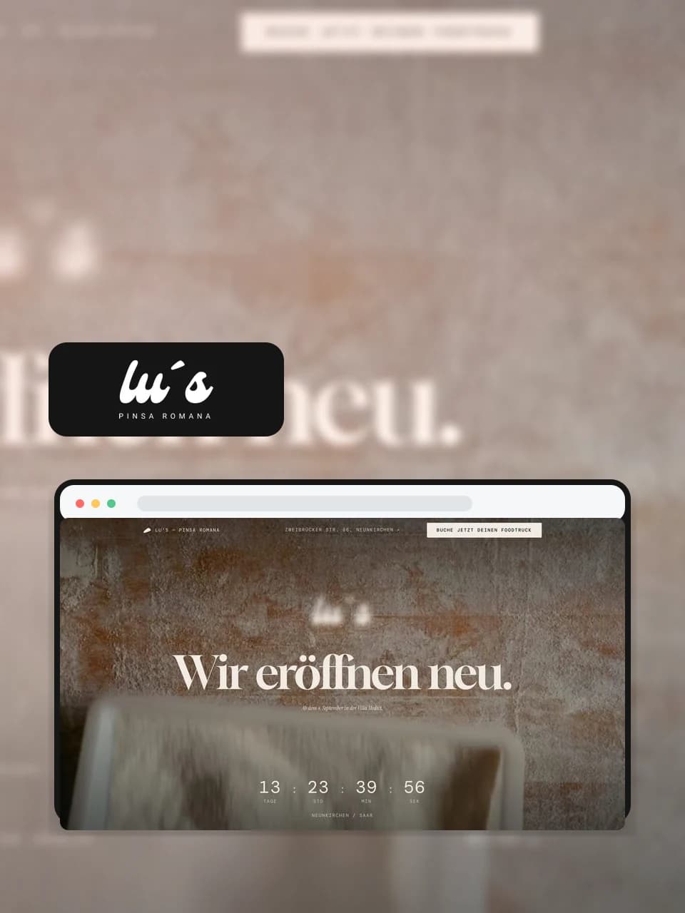 Gráfica del proyecto de Lu’s Pinsa Romana con el logotipo original y una vista de la web