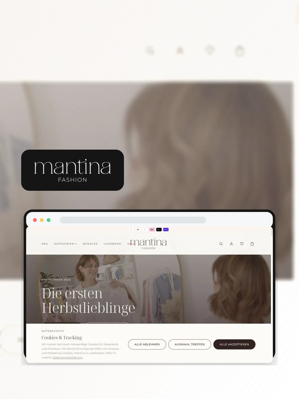 Reference artwork for Mantina Fashion featuring the original logo and an online shop view