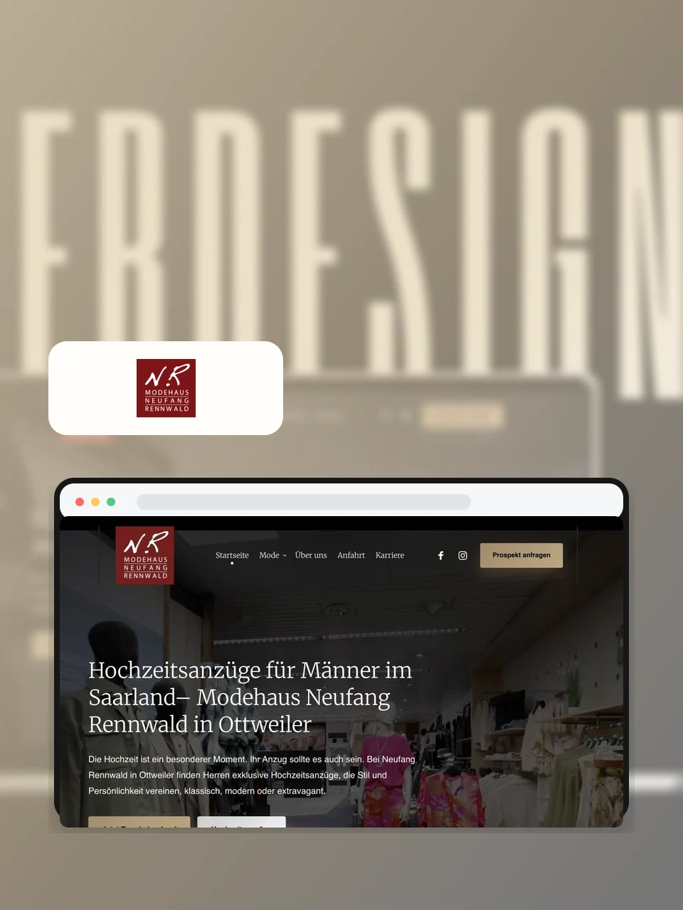 Reference artwork for Modehaus Neufang-Rennwald featuring the original logo and a website view