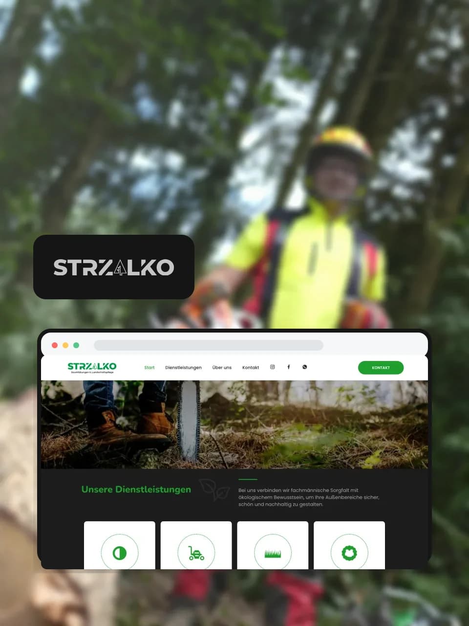 Gráfica del proyecto de Strzalko Baumfällungen con el logotipo original y una vista de la web