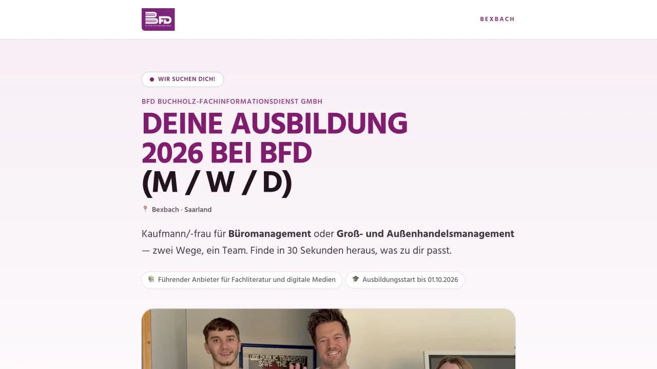 Recruiting-Funnel von bfd für die Ausbildung 2026 mit zwei Ausbildungswegen und kurzem Bewerbungsweg
