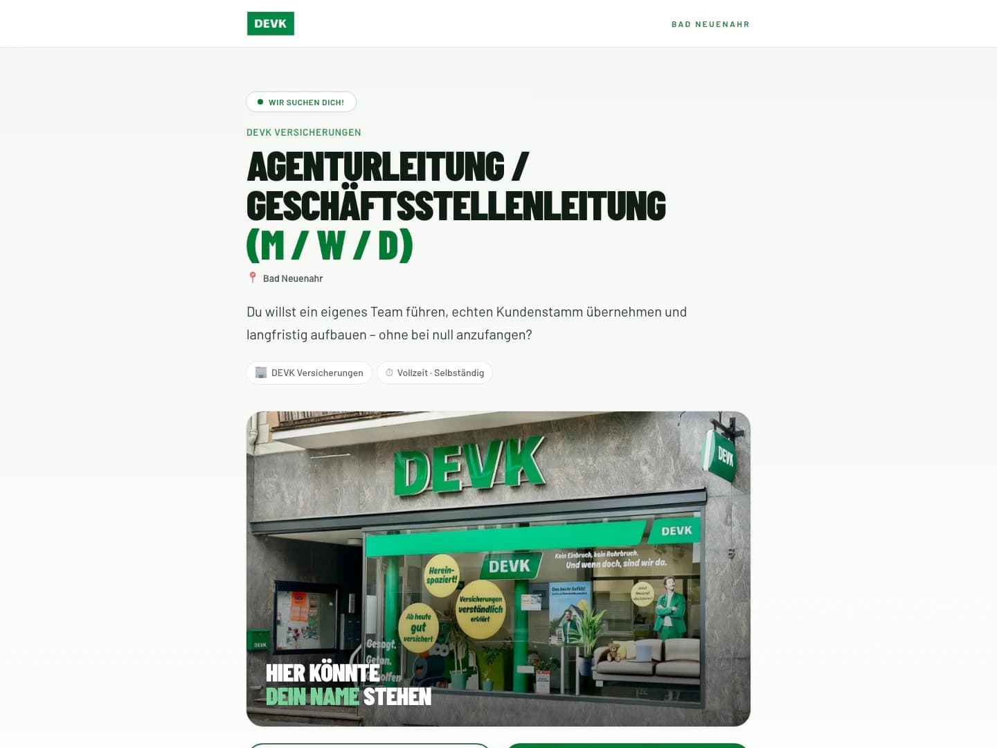 Recruiting-Funnel der DEVK für eine Agentur- und Geschäftsstellenleitung mit direktem Bewerbungsweg
