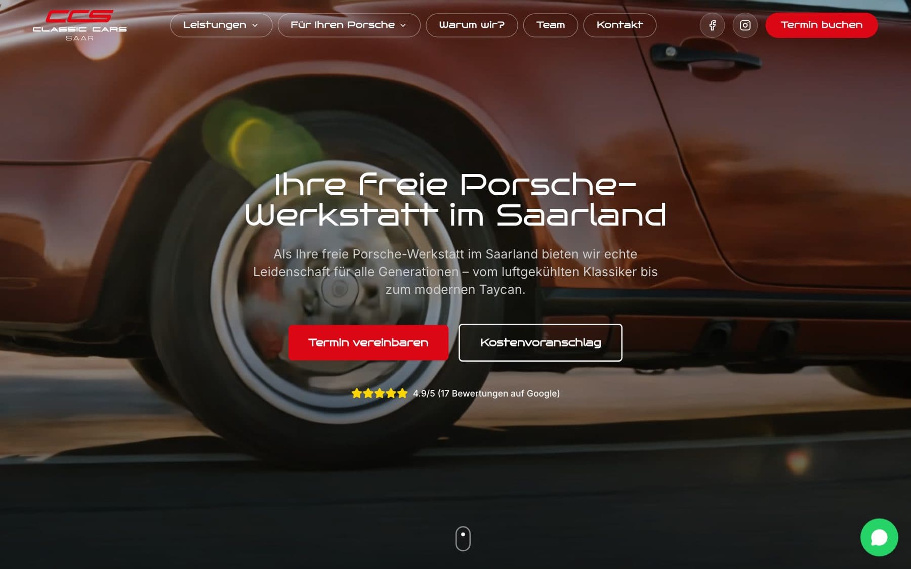 ClassicCars Saar website on desktop: Porsche in red and black with appointment booking