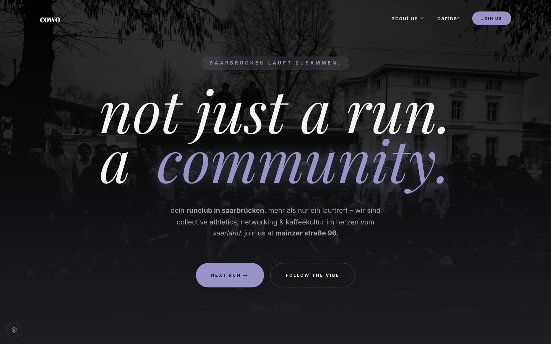 Reference artwork for COWO Run Club Saarbrücken featuring the original logo and a website view