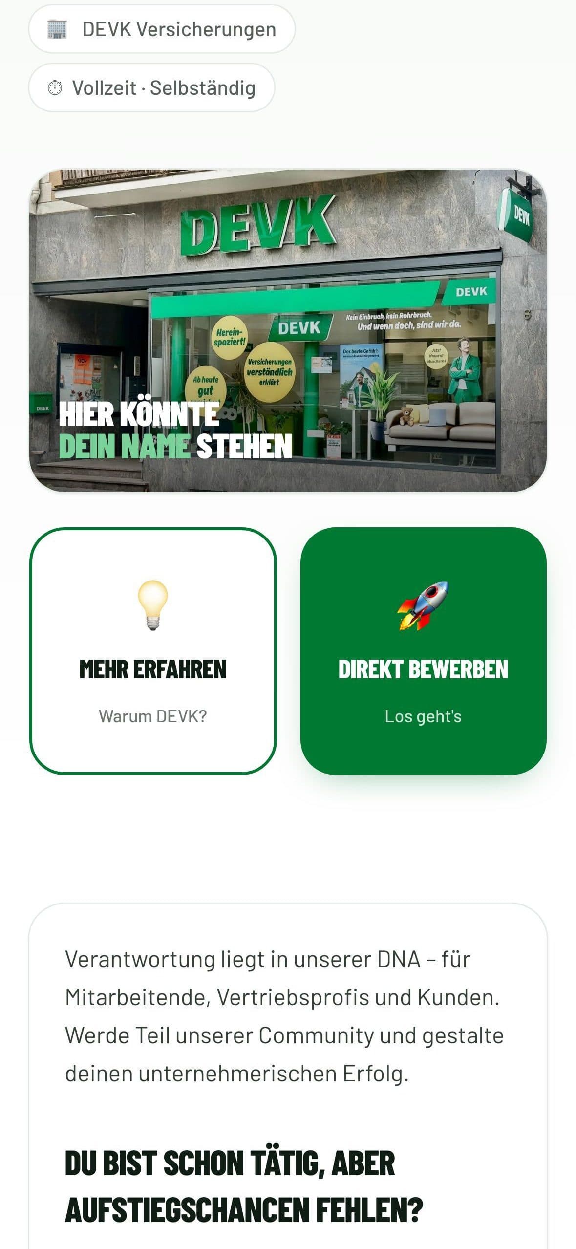 Referenzgrafik für DEVK Versicherungen mit echter Funnel-Einstiegsseite und mobilem Qualifikationsschritt