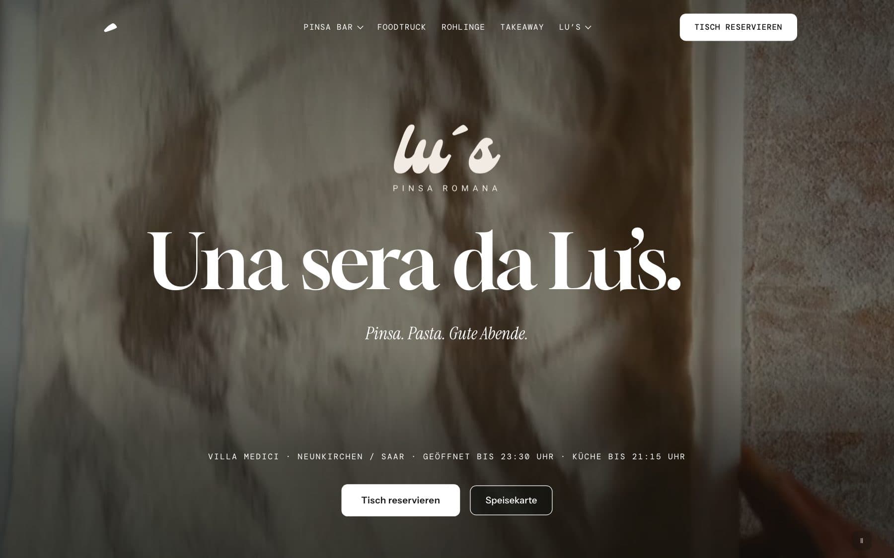 Lu’s Pinsa Romana website on desktop: hero with the claim “Una sera da Lu’s”